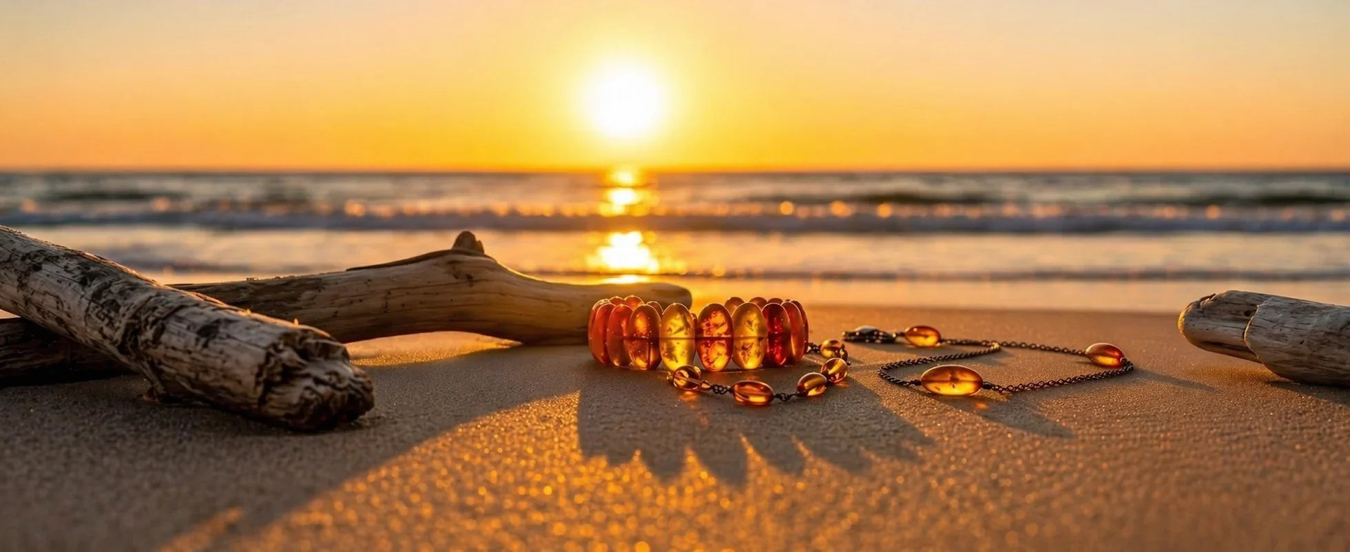 Bernsteinschmuck mit Gebetskette am Strand bei Sonnenuntergang, echter Ostsee-Bernstein